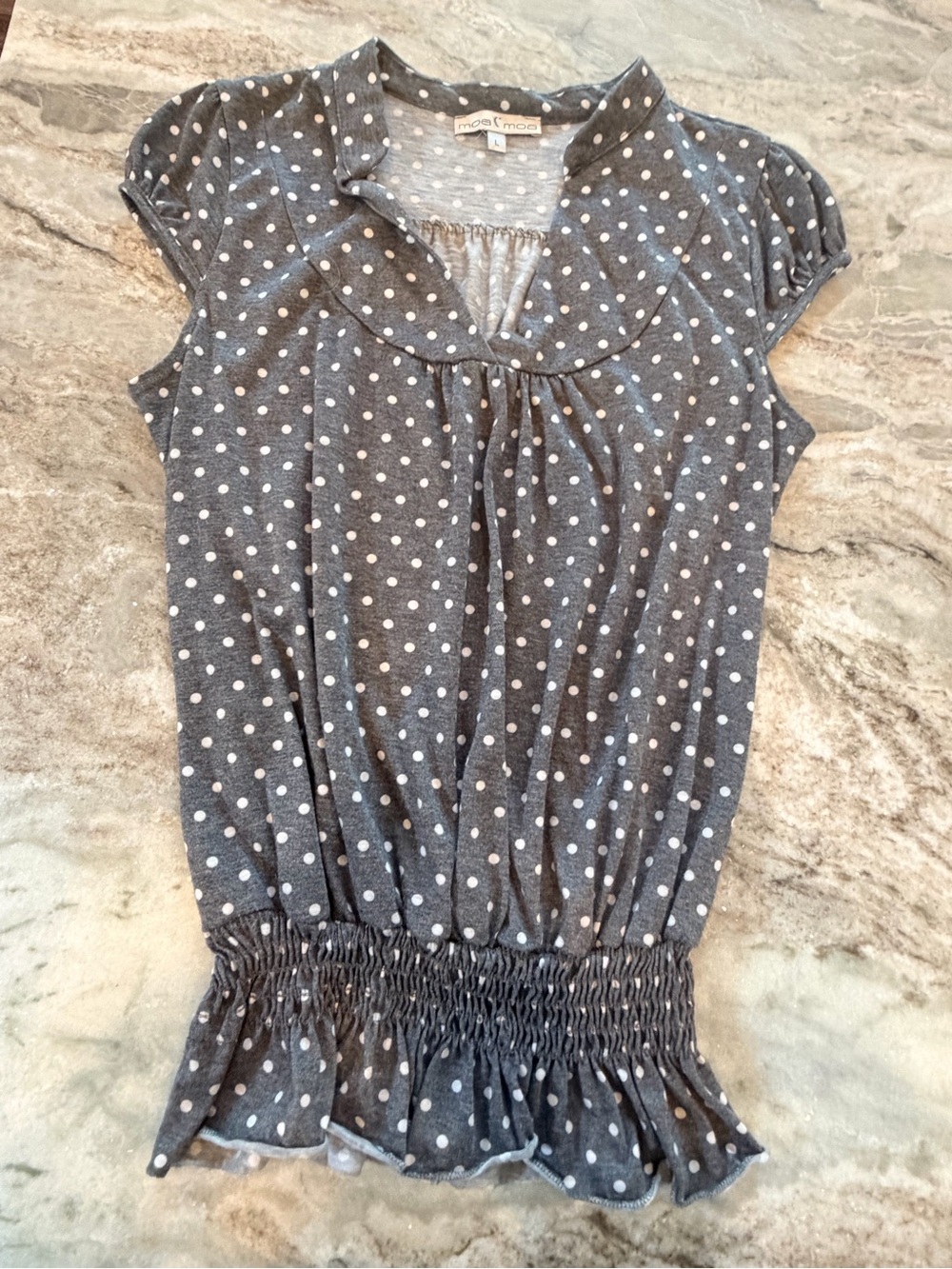 Moa Moa L Gray White Polka Dot Smocked Waist Puff Sleeve Y2K Blouse